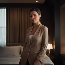 a woman poses with a bed in the background