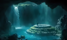 the cave is dimly lit as the person is standing near the waterfall