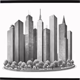 black and white drawing of skyscrapers on a street