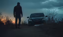 a man stands in front of a black car on a dirt road