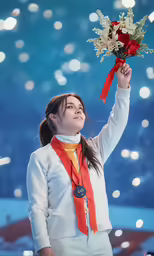 the girl is wearing an orange ribbon around her neck