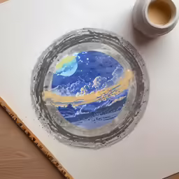 a painting is on the paper beside a cup of coffee
