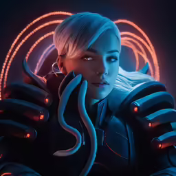 a woman wearing an alien outfit and holding a glove in front of her face