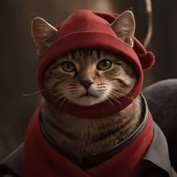 a tabby cat wearing a red and black costume