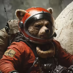 a teddy bear dressed in an astronaut costume is posed