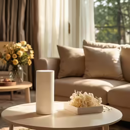 a coffee table sits in front of a couch and two vases