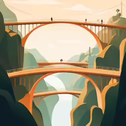 a painting of a bridge that has people walking across it