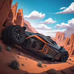 a close up of an artistic car driving in the desert