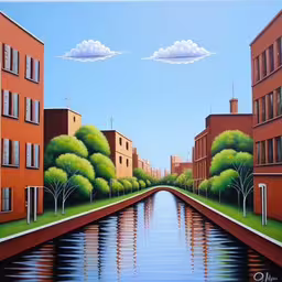 a painting of a waterway and buildings with trees on it
