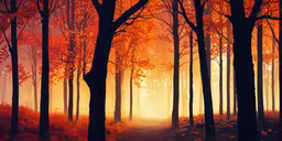 a painting of a forest with fog and trees,a painting of a path through a forest