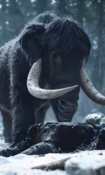 a woolly cow is in the snow with long horns