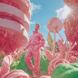 a man in a pink outfit is standing amongst many fake trees