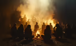 some people sitting in front of a fire with a light