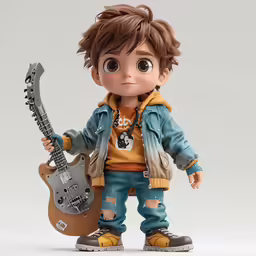 a doll with a guitar wearing blue jeans and a yellow sweatshirt