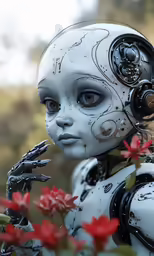 a sculpture of a robot holding flowers