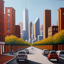 a painting of cars driving down the street with buildings in the background,a painting of city with cars on the road,a painting of cars driving down the road,an art work of a city street with cars going by,painting of street view with buildings and cars in the city