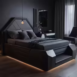 black bedroom with white and gray decor with low lighting