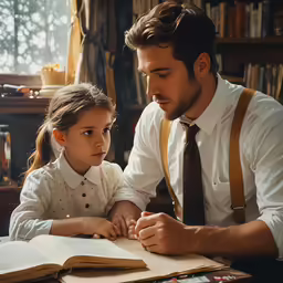 a man and girl sitting at a desk, with a book open and looking at the book