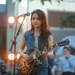 a woman that is holding a guitar in her hand