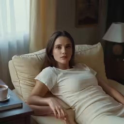 a woman sitting on a couch with a cup of coffee