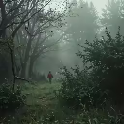 man walking through misty woods into the distance