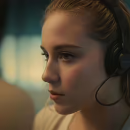 a beautiful woman with a ponytail wearing headphones