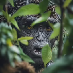 a monkey with an odd look looking out from between green plants