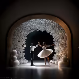 two people performing on stage in front of white balloons