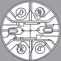 a round diagram with many different types of arrows and lines,the symbol for the space station with four lights,a drawing of a circular shape with arrows on it,a circle with many images in it,this is an illustration of a futuristic circle with the symbols and text on the circle