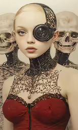 a lady with skeleton headpiece and five skulls behind her