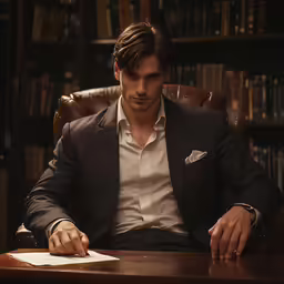 a man sits in an arm chair, writing a paper, and looking off into the distance