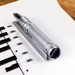 an extra large silver pen sitting on top of a white sheet