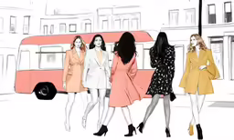 four women walking down the street in different outfits