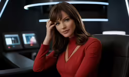 woman in a red suit posing for the camera
