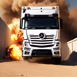 a large white truck with a big orange fire coming from behind,a white truck with a bunch of orange flames coming out of it