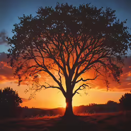 the tree is standing alone in the grass at sunset