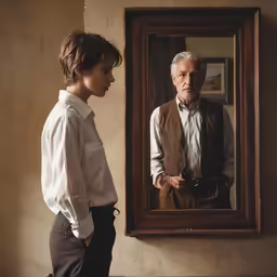 a boy with a suit looking in the mirror