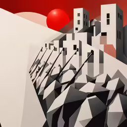 a black and white image of buildings and a red background