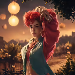 an image of a woman with red hair and an orange top standing next to a tree