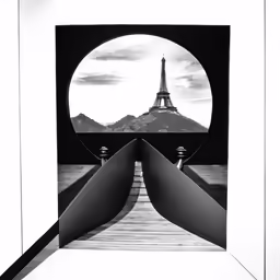 a black and white picture of the eiffel tower through a hole
