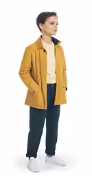 woman in a mustard colored coat posing for the camera