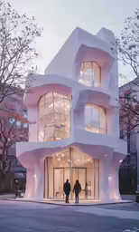 people are walking around a white building