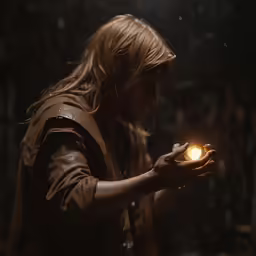 a young man with long brown hair holding a candle