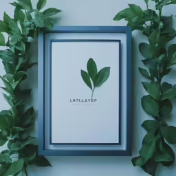 a photo frame sitting on top of a table next to plants