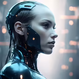 an humanoid girl with futuristic technology on her face