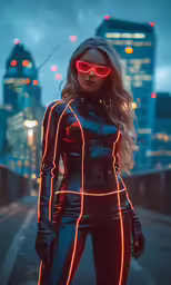 woman in black suit and neon red light glasses