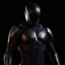 a robot man in black and gold with one leg raised