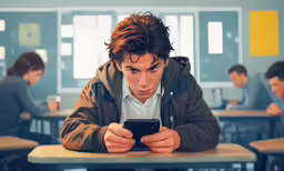 a man in a school room looking at a phone