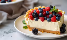 a plate with a dessert on it next to a bowl of berries