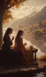 two people sit at a picnic table overlooking the water